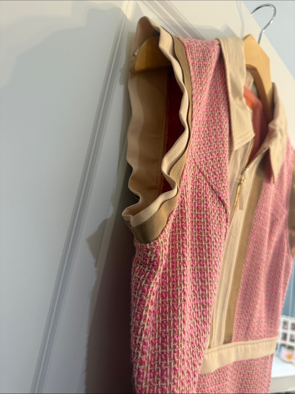 Anthropologie Maeve Pink/Rose Tweed Zip-Front Dress with Cream Trim - Picture 3 of 10